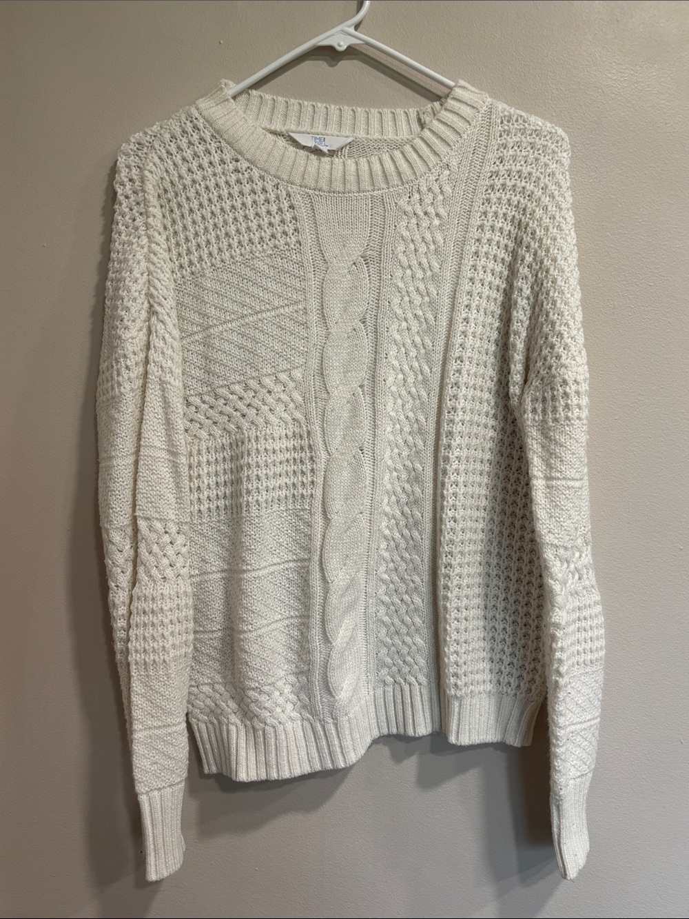 Time and Tru Cream Mixed Cable Knit Crew Sweater